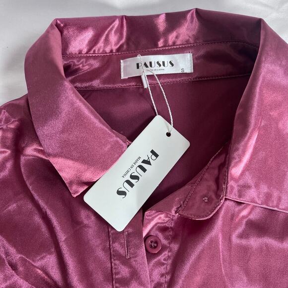 ✨Pausus Womens Small Blouse Pink Satin Silk Button Up Long Sleeve Shirt Top NWT - Picture 3 of 7
